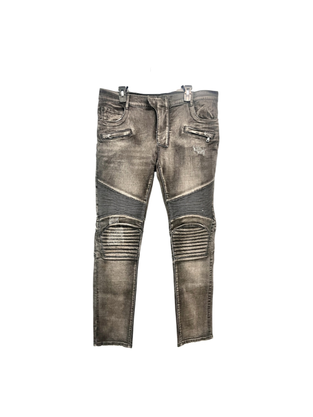 $1490 Balmain men's slim-fit biker trousers in a washed-grey denim size 38